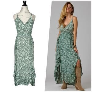 Angie | Women | Green Western Cactus Print Ruffle Spaghetti Midi Dress | Large